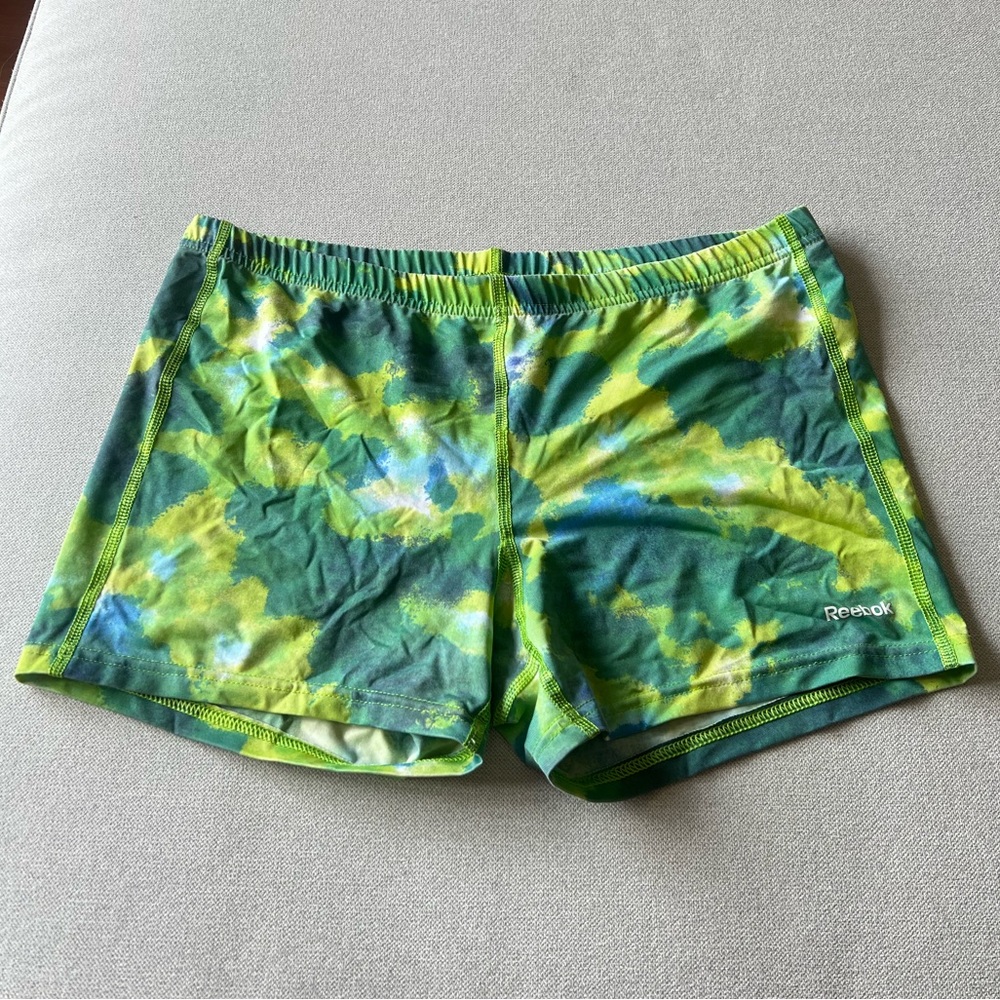 Women’s Tie Dye Green and Yellow Reebok Athletix Spandex Shorts